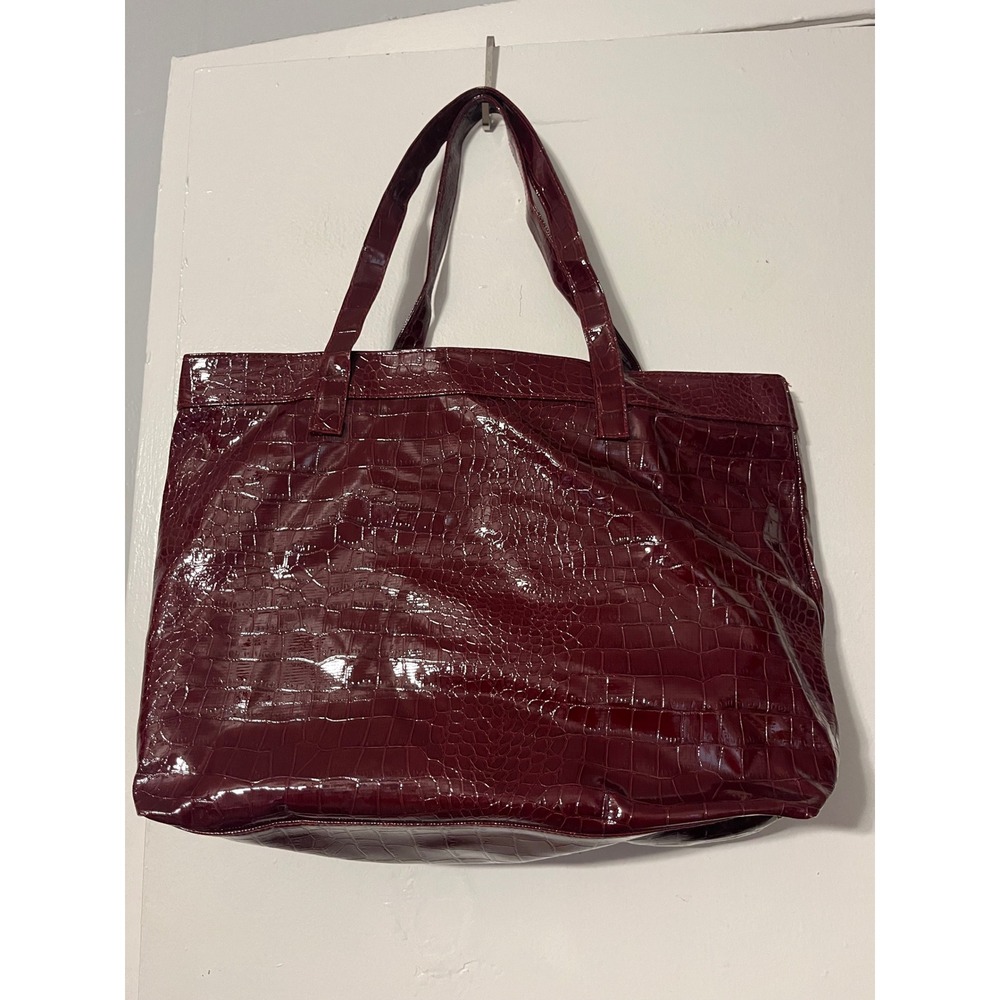 Neiman Marcus Burgundy Red Crocodile Embossed Patent Leather Tote Bag Shopper